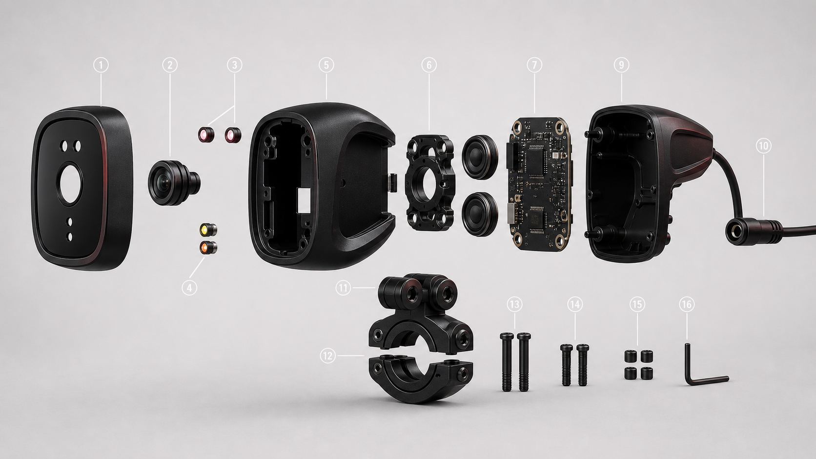 Exploded technical view of the NOXUS Moto Dash Cam V1