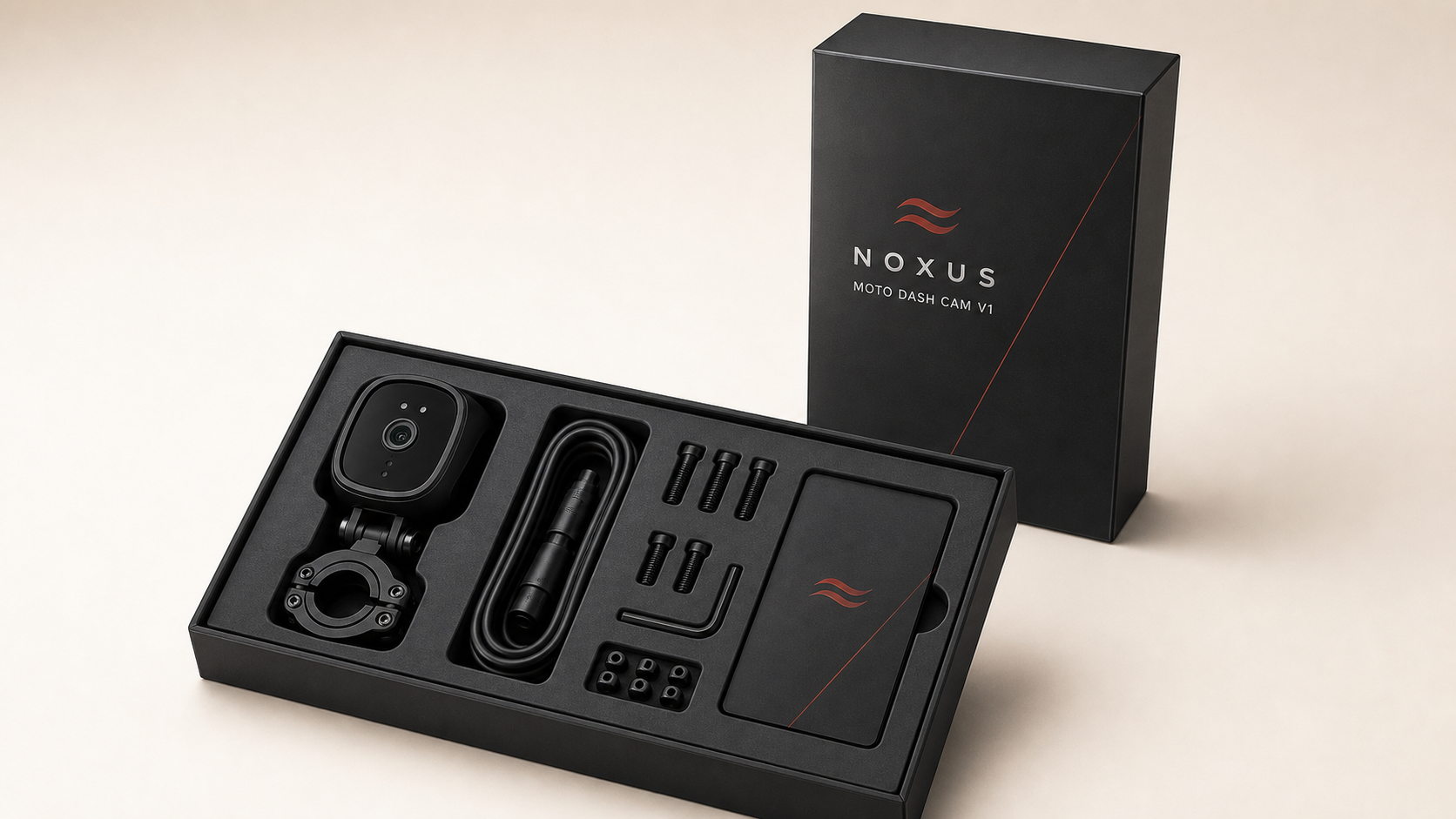 NOXUS Moto Dash Cam V1 box and package contents