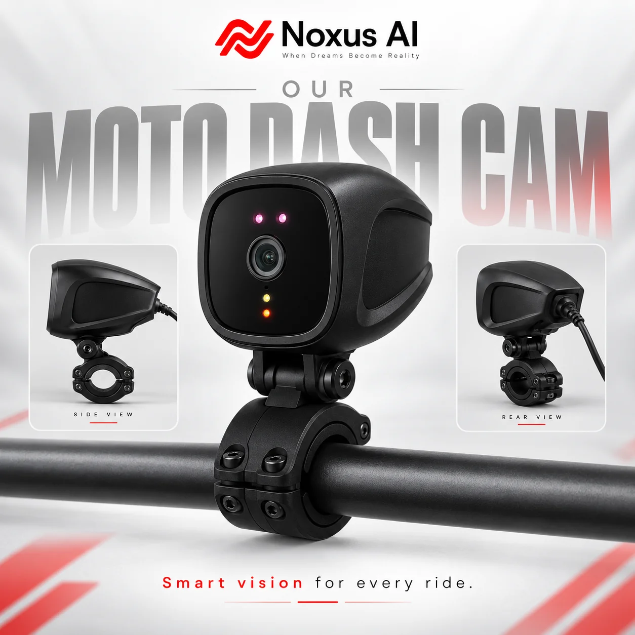 Noxus AI motorcycle dash camera on a handlebar clamp, with its front lens, indicators, side profile and rear power cable