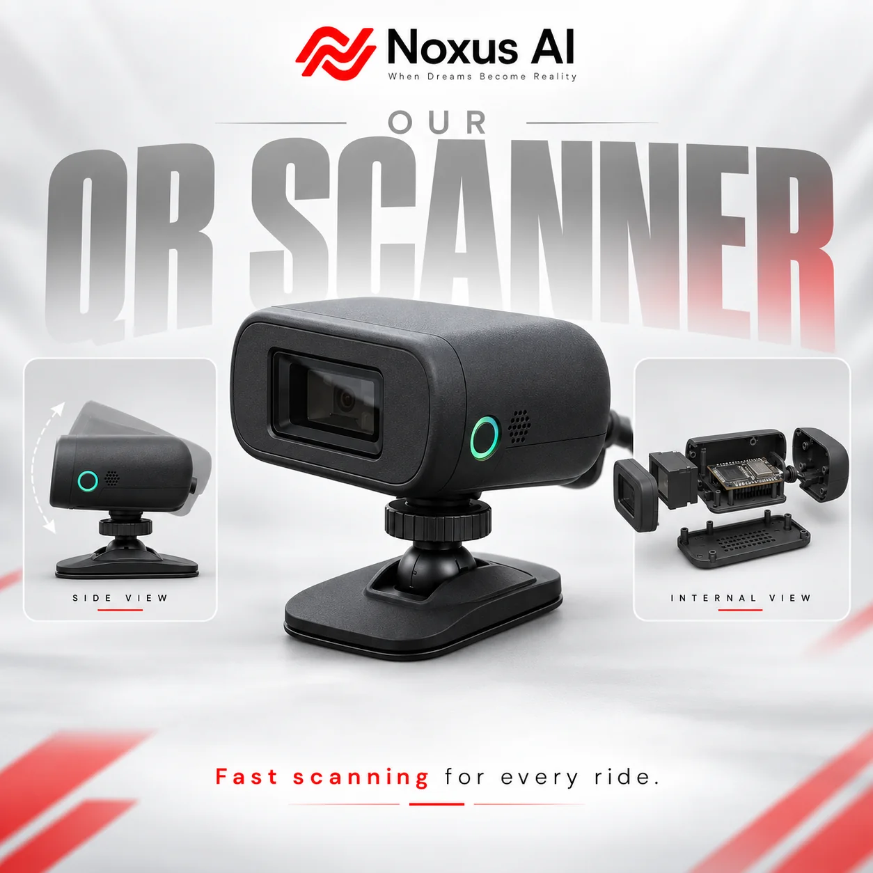 Noxus AI vehicle QR scanner with an adjustable dashboard base, illuminated status ring, side view and internal assembly