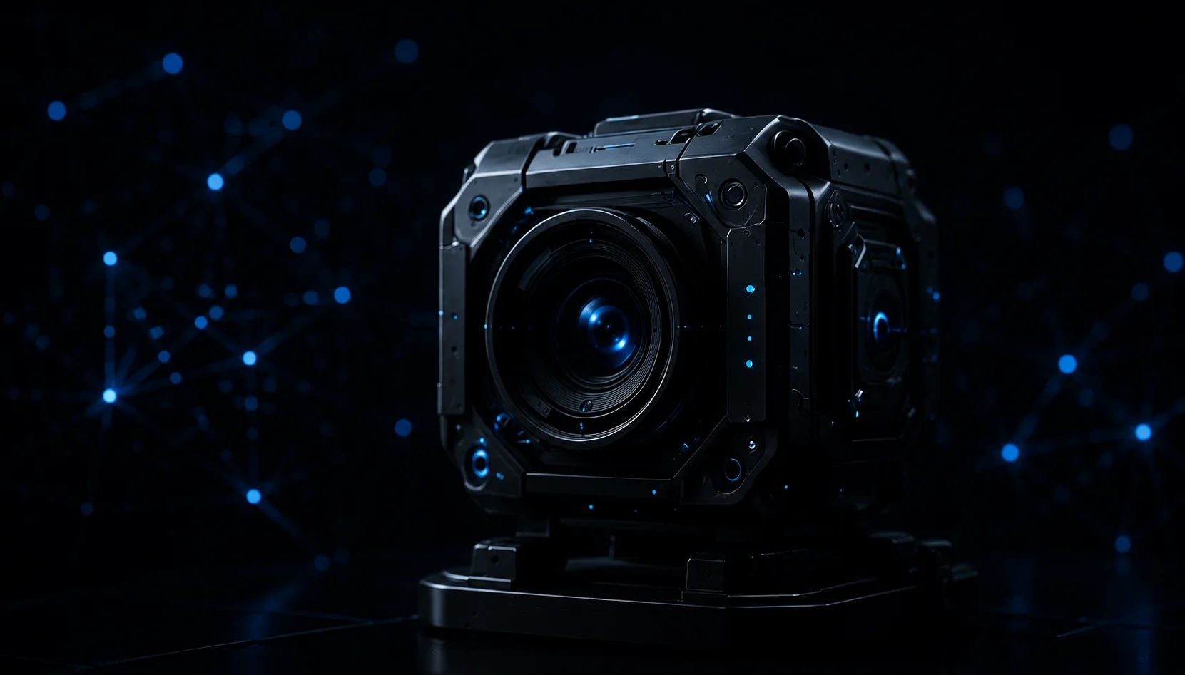 Premium black AI vision camera with blue sensor glow.